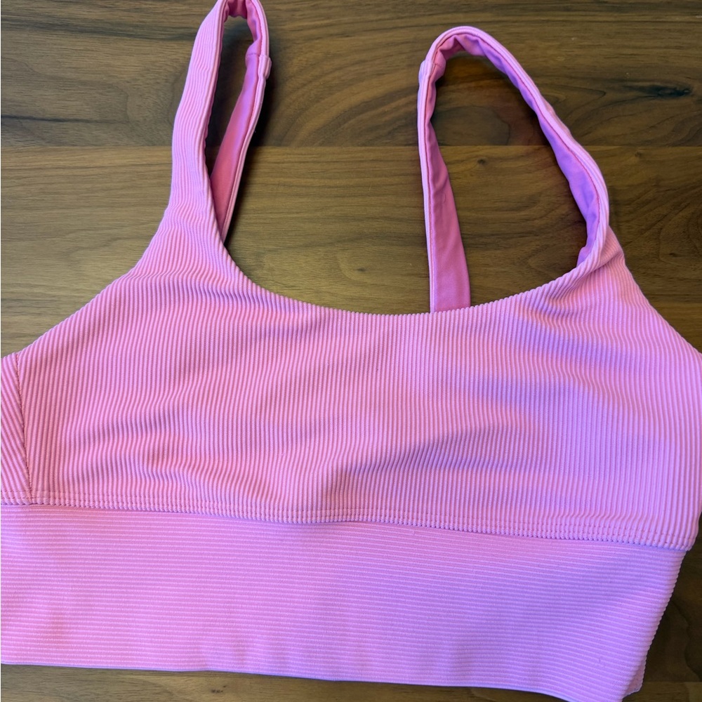 LoveShackFancy and Beach Riot collab Pink Ribbed Sports Bra swim